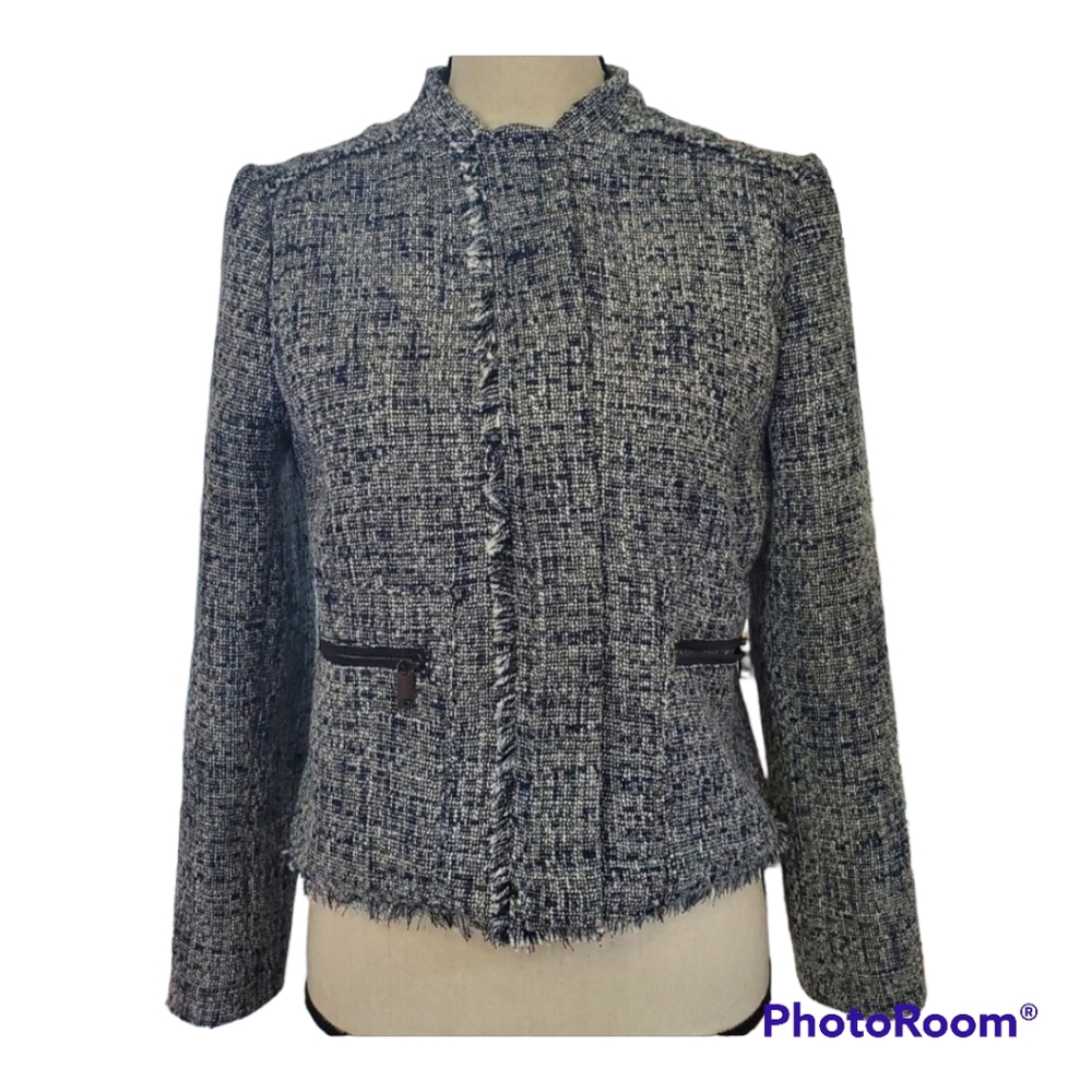 banana republic raw edge tweed collarless moto jacket sz 6 blue & white